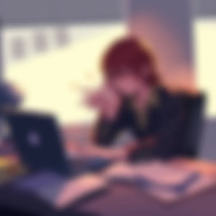 A person sitting at a desk with a laptop, looking frustrated while trying to post a long OC x RWBY fan fiction, surrounded by papers and notes.