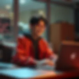 A devoted fan sits with a laptop, smiling while crafting memes and discussing JJK and CSM on forums.