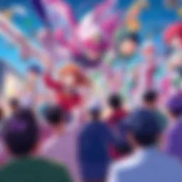 A vibrant scene from a fan-made anime, showcasing colorful characters in an action-packed moment, with fans discussing excitedly in the background.