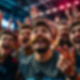 A group of fans excitedly reacting to a man's new moustache, showing a mix of laughter and surprise