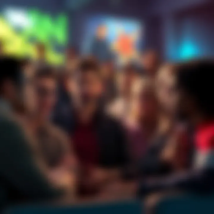 A group of fans discussing the series finale, expressing mixed feelings about the ending, some looking puzzled and others animated in conversation.