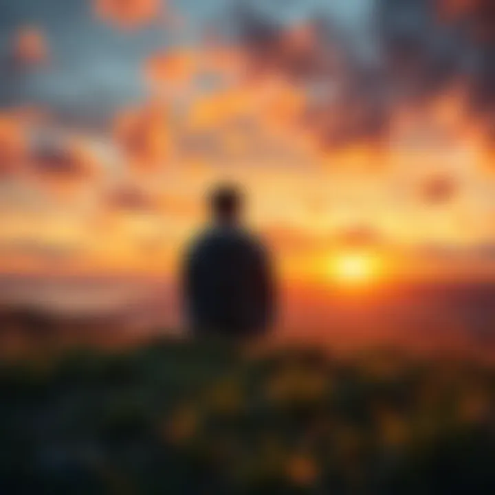 Fan Reflecting on Life A person sitting on a grassy hill, looking out at a sunset, inspired by their journey after watching Vinland Saga.