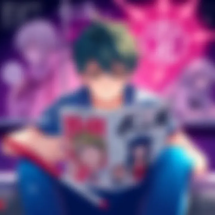 A person sitting with HxH manga open, looking frustrated while surrounded by original character art and newer story elements.