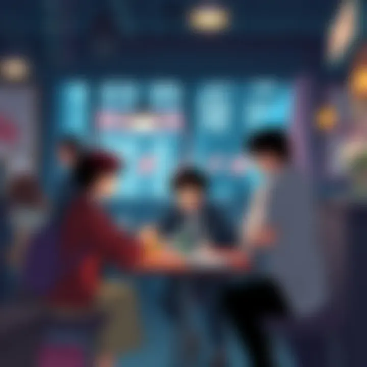 A group of fans discussing quirky theories about Detective Conan at a café.