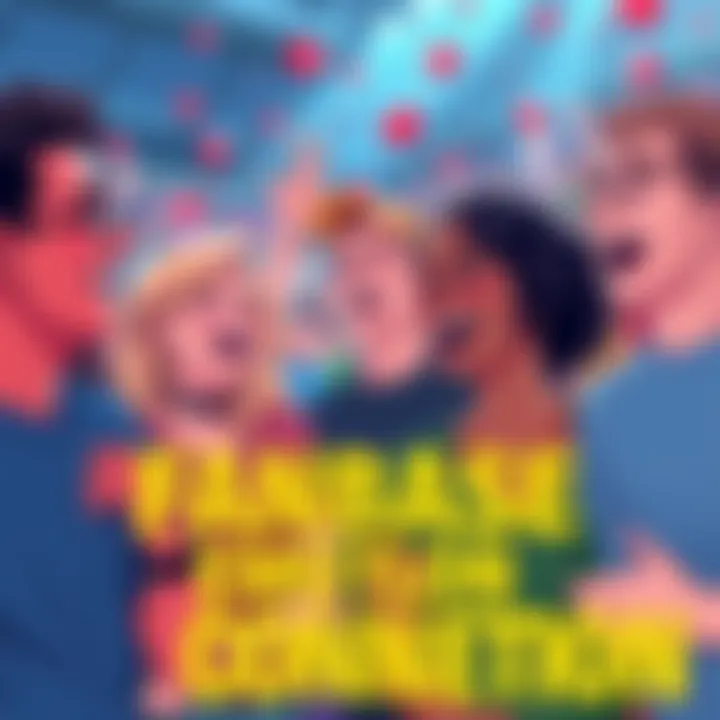 Fanbase Emotion Connection Illustration of diverse fans showing emotions of joy and connection, engaging with each other in a lively environment.