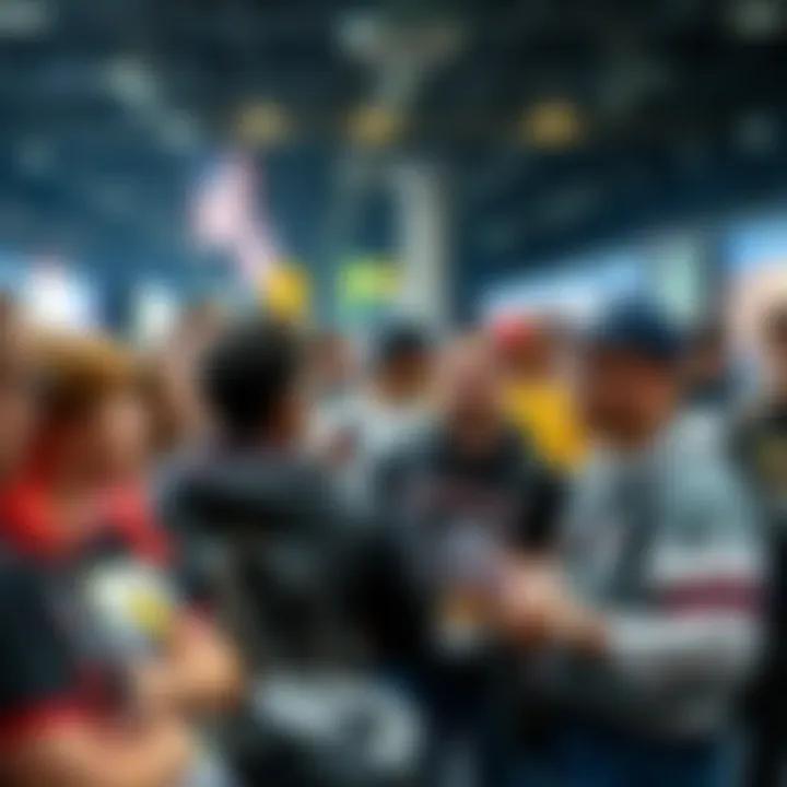 A diverse group of fans wearing themed clothing, engaged in discussions at a convention, showcasing their shared interests and enthusiasm.