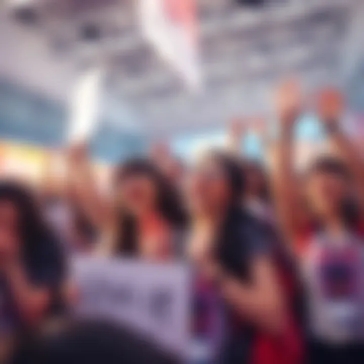 Excited fangirls cheering and holding signs at a convention upon seeing Levi, showing their admiration and joy.