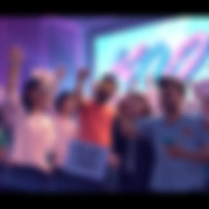 A group of excited fans discussing the anniversary celebration and holding signs asking for orbs