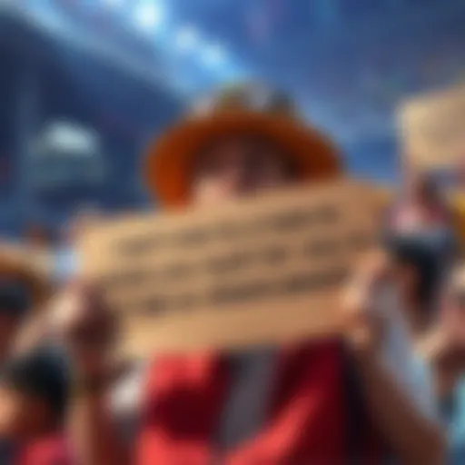 Fan's Bold Promise A fan holds a sign vowing to tickle their eyeball if One Piece ends poorly, showcasing determination and frustration