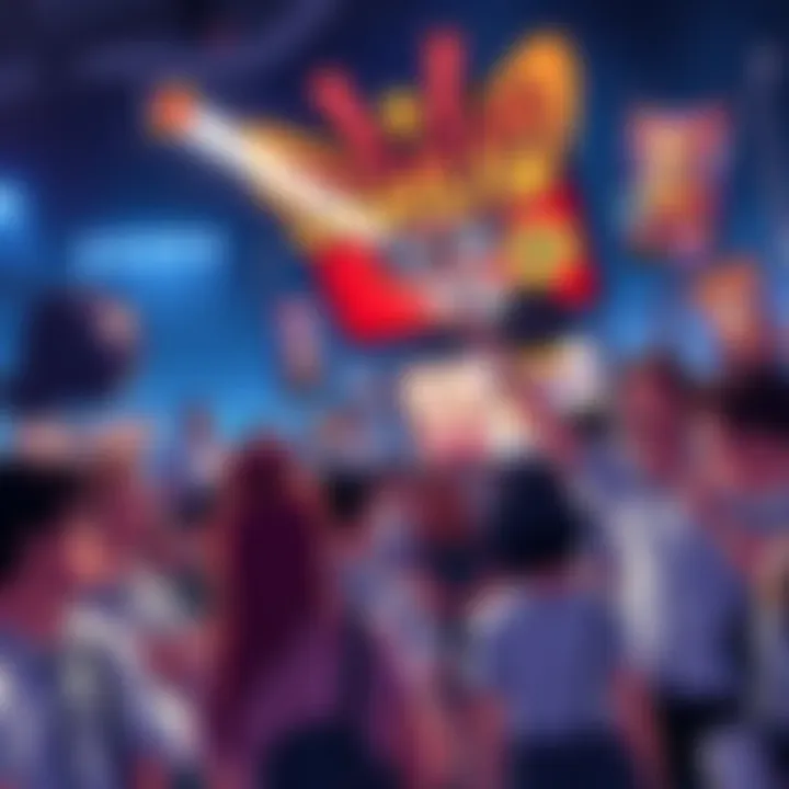 A vibrant scene of fans discussing and celebrating the Egghead arc, showcasing enthusiastic expressions and artwork, with posters and discussions happening around them.