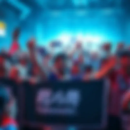 A crowd of enthusiastic fans cheering and holding banners for Wakasuki Takeshi's return, creating a lively atmosphere.