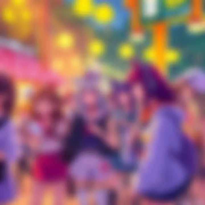 Group of people enjoying an outdoor anime-themed event, wearing costumes inspired by their favorite characters