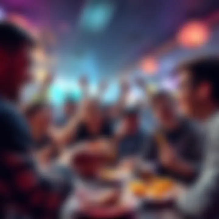 A lively group of fans enthusiastically discussing and celebrating their favorite character, Reze, while enjoying food together, highlighting their appreciation and excitement.