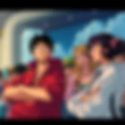 Two fans discussing Oda's character decisions with images of Luffy and Nika in the background