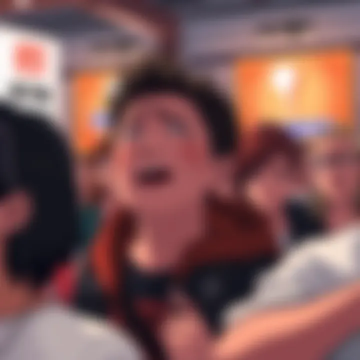 A group of anime fans looking frustrated after the One Punch Man panel, with signs and posters in the background