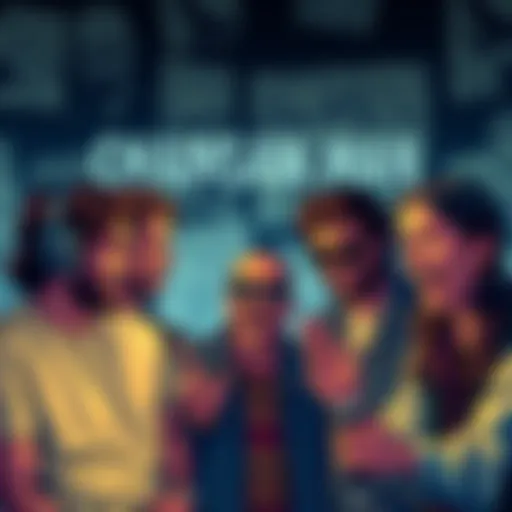 A group of fans engaging in animated discussions about possible endings for Chainsaw Man, with excited expressions and comic art in the background.