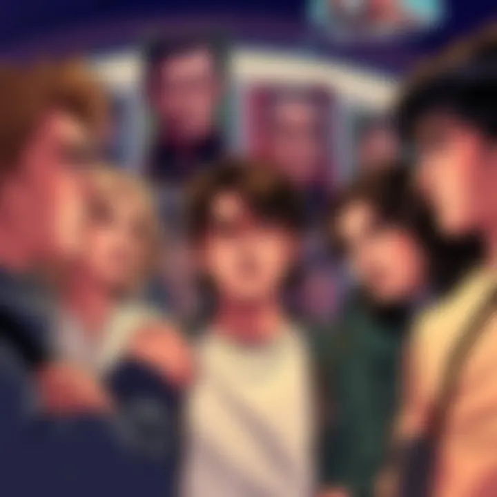 A group of fans sharing their thoughts about the Elbaf arc, with expressions showing mixed emotions. Some fans are excited, while others look disappointed. The background is filled with posters of Lok...