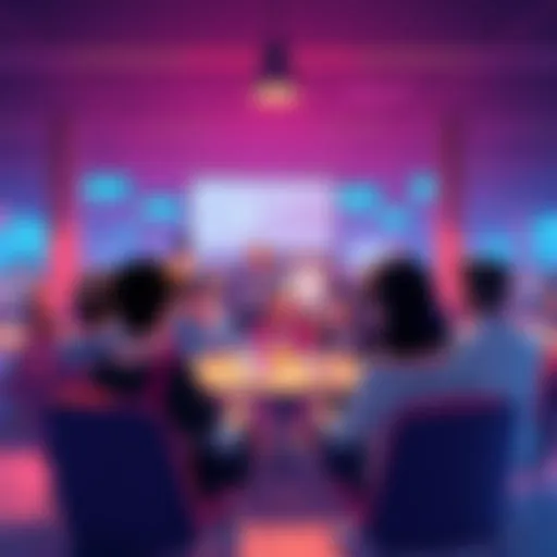 A group of fans sharing ideas about memorable moments of torture involving Mineta in an animated series, with discussions happening in a vibrant online community setting.