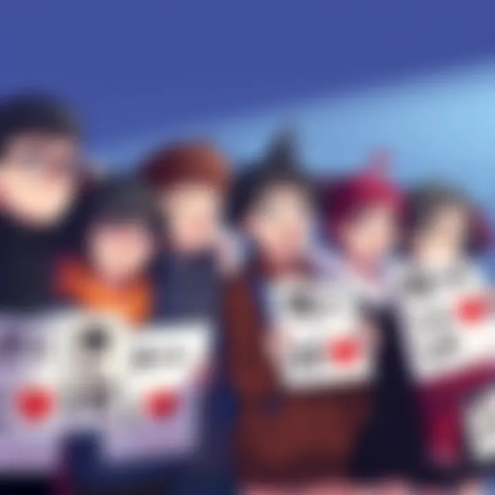 A group of fans sharing their hopes for character development in Season 2, featuring characters Aoi and Haruichi, with excited expressions and posters in hand.