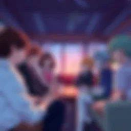 A group of fans talking and sharing thoughts about Neon Genesis Evangelion in a cozy setting