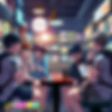 A group of Japanese gamers expressing frustration over gacha game comparisons in a café, showcasing various game merchandise around them.