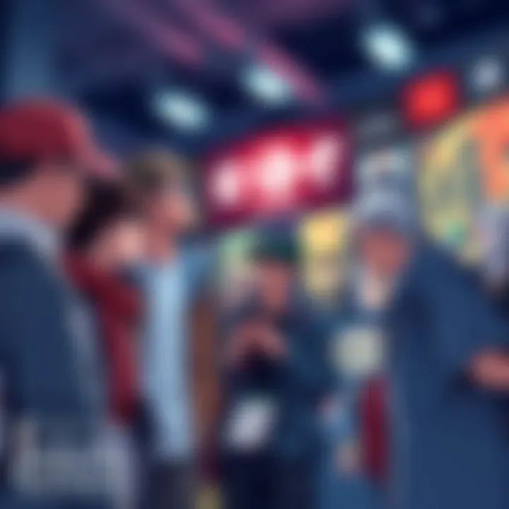 A group of fans enthusiastically discussing Jujutsu Kaisen, surrounded by merchandise and posters
