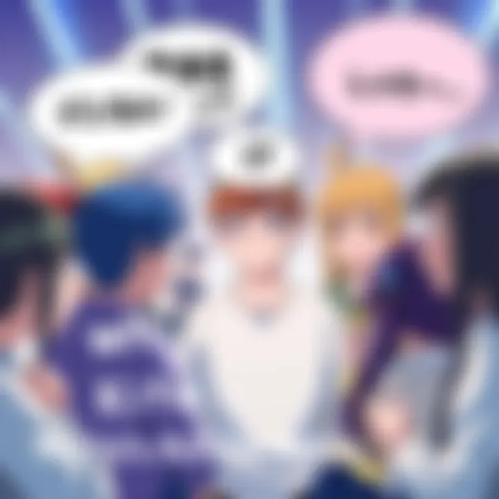 A group of fans sharing their opinions about who should voice Kinta in the upcoming anime, with animated expressions and dialogue bubbles, capturing excitement and enthusiasm.