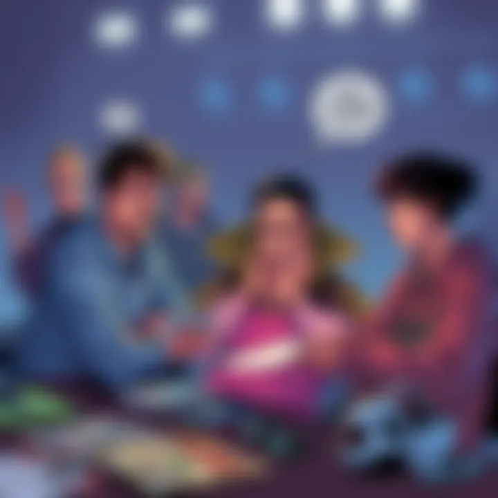 A group of fans expressing frustration over the latest storyline twists in a comic book series, analyzing character developments at a table with comic book merchandise around them