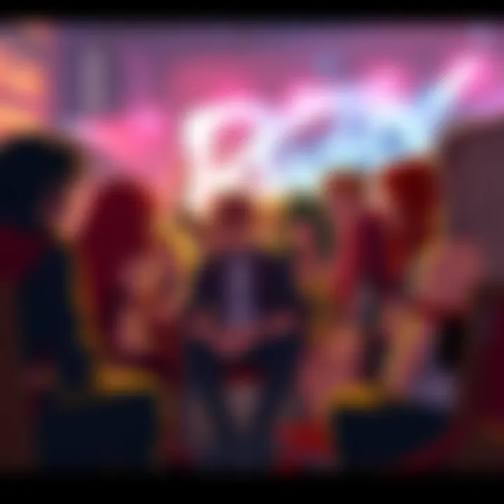 A diverse group of fans passionately discussing RWBY, focusing on the show's writing rather than the characters' backgrounds.