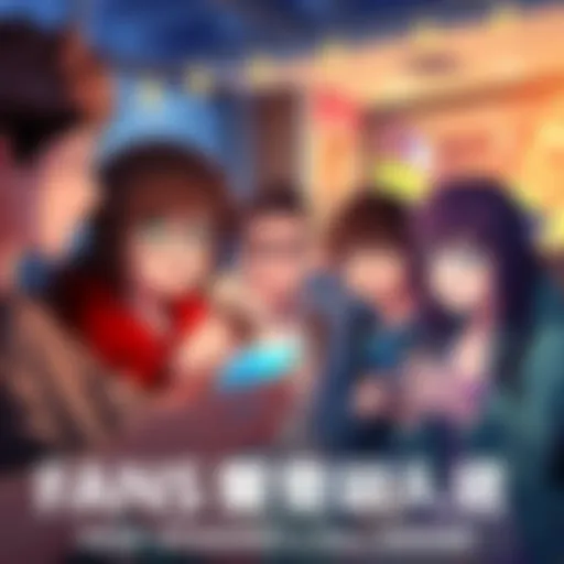 A diverse group of anime fans eagerly discussing and looking at their devices for updates on 4koa episodes