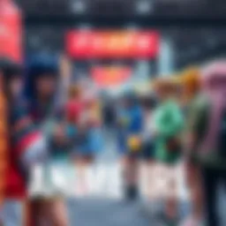 A group of fans dressed as anime characters at a convention, showcasing colorful outfits and accessories, interacting and posing for photos.