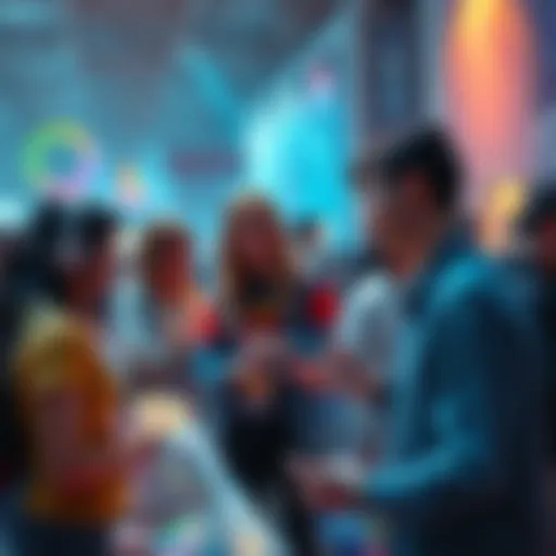 A group of passionate fans interacting at a BL official arts event, sharing artwork and ideas