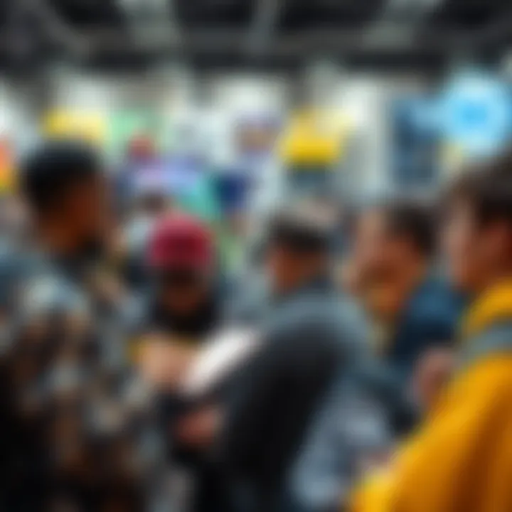 A diverse group of fans sharing stories and experiences around DC characters at a comic convention