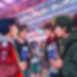 Group of fans discussing and celebrating My Hero Academia, showcasing their favorite characters and merchandise.