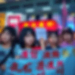 A group of fans gathered, some with tears in their eyes, holding signs and banners showing support for Yaomomo. The scene reflects a mix of sadness and shock within the community.
