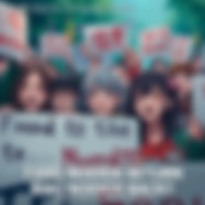 A group of passionate fans holding signs asking for Noerde to come back, with tears in their eyes and hopeful expressions.