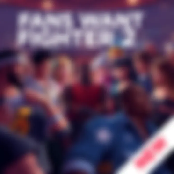 A group of animated characters from a fighting game, surrounded by excited fans discussing their hopes for FighterZ 2, with game controllers in hand.