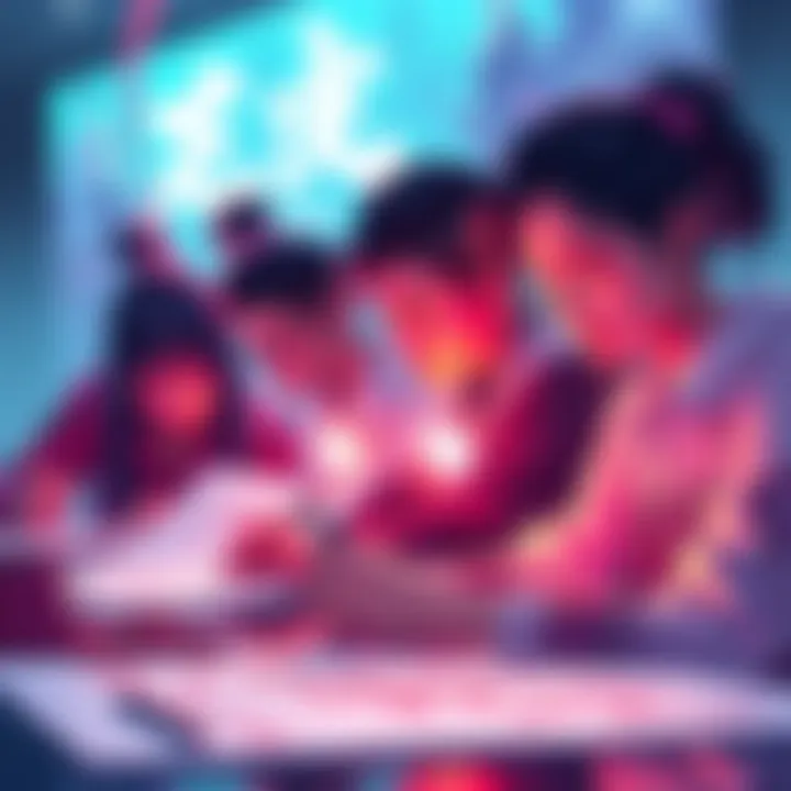A group of fans working on their Xia Yan fanart at different stages, showing sketches and finished pieces, with vibrant colors and creative expressions.