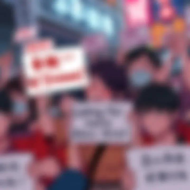 A group of enthusiastic fans holding signs demanding more story arcs for Yuji Itadori, showing their passion and support.