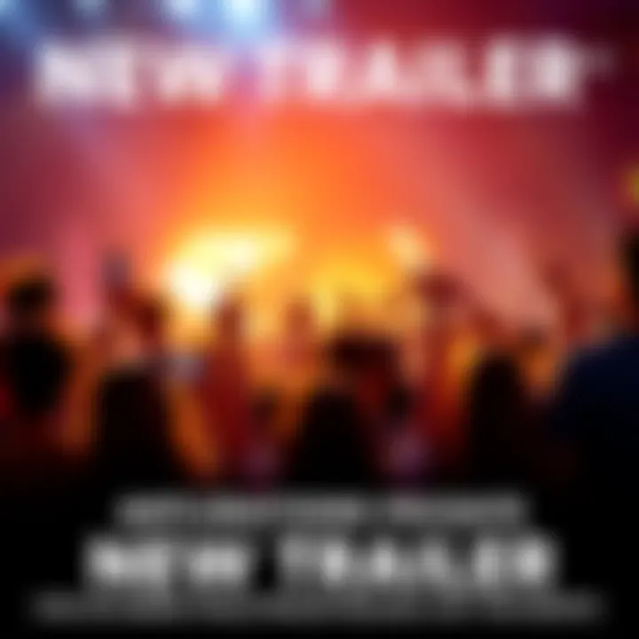 Group of excited fans watching a screen for a new trailer announcement