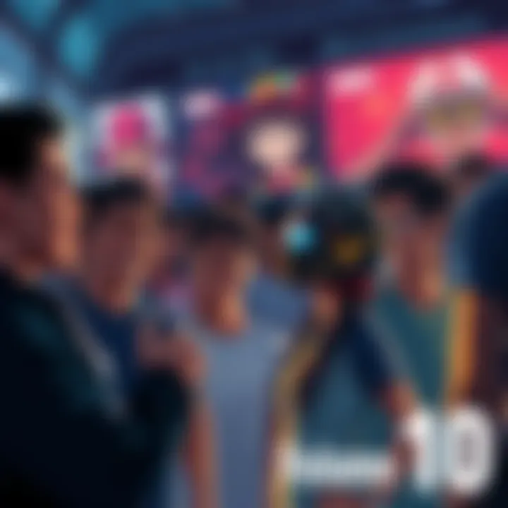 A group of enthusiastic fans discussing their hopes for Volume 10, with excitement in the air and a backdrop of related artwork.