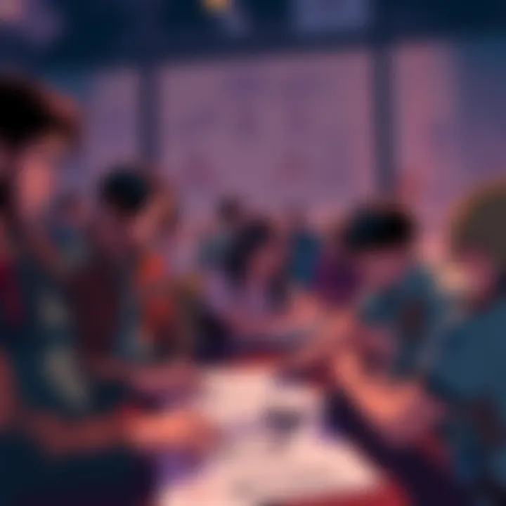 A group of fans brainstorming creative title ideas for Attack on Titan, surrounded by sketches and notes.
