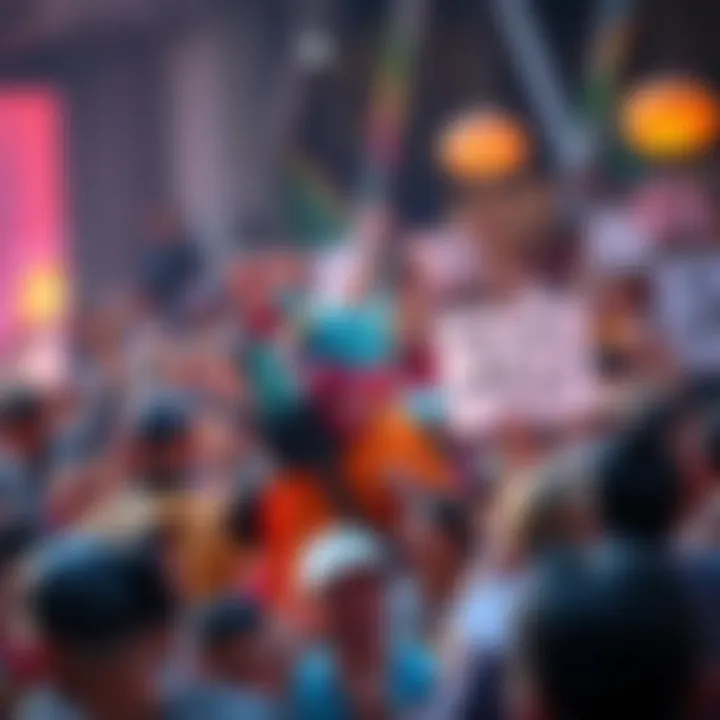 A joyful crowd of fans holding signs and art, welcoming back Aku in a colorful setting.