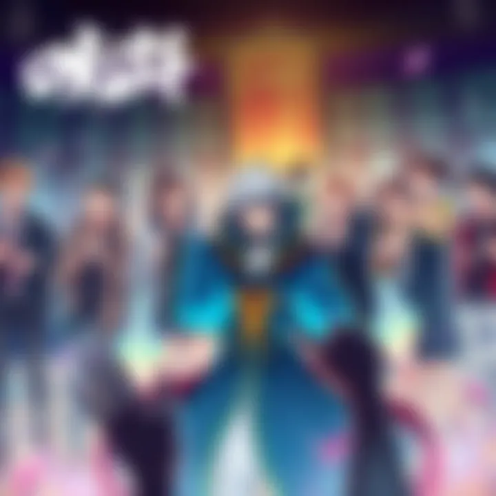 A vibrant fan art of Okita, showcasing the character's unique design and skills, surrounded by excited fans discussing in a lively forum setting.
