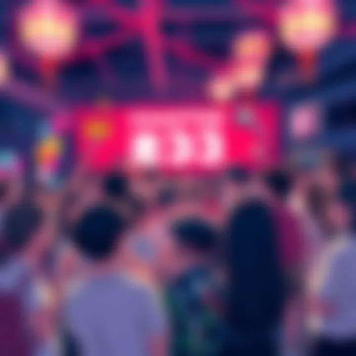 A crowd of excited fans interacting with creators at the Chapter 233 Release Party, with decorations and banners celebrating the new chapter.