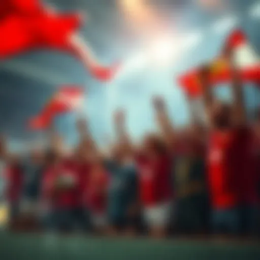 A group of enthusiastic fans wearing rugby jerseys, waving flags, and cheering passionately at a rugby match.