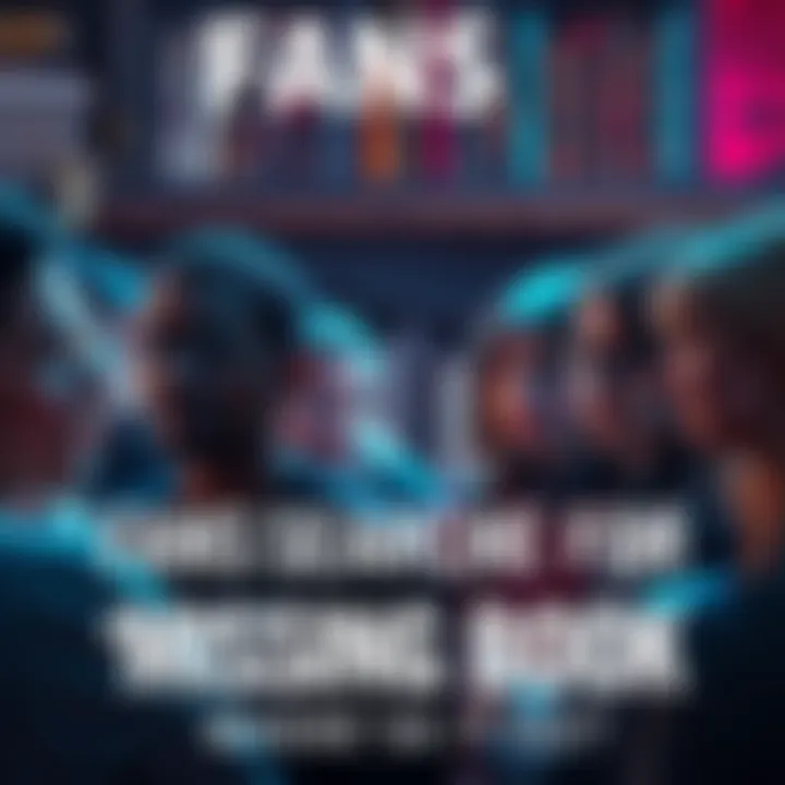 A group of fans talking about the missing book 'The Music of Marie' with concerned expressions and books in the background.