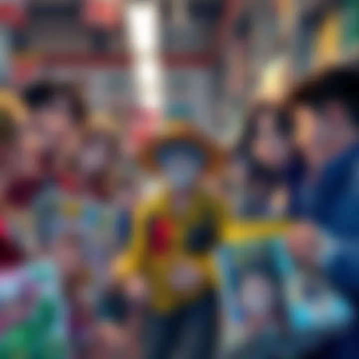 A group of people sharing their thoughts on One Piece, showing mixed emotions about the series, with some looking thoughtful and others excited, surrounded by manga and anime merchandise.