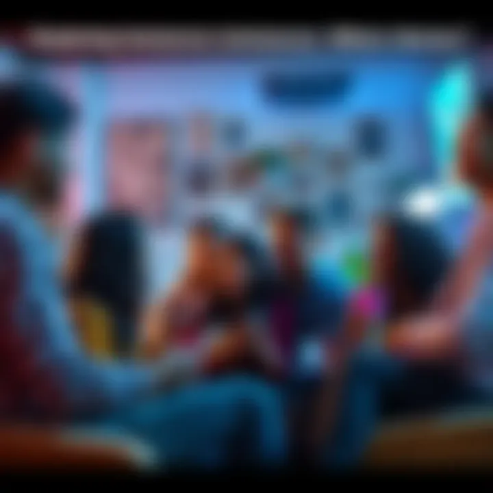 A group of enthusiastic fans sharing ideas and theories about upcoming story instances in a cozy setting.