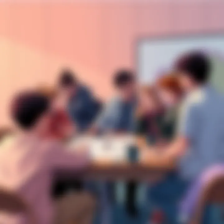 A group of diverse fans gathered around a table, sharing ideas and drawings of a popular manhwa character as they collaborate on identifying it.